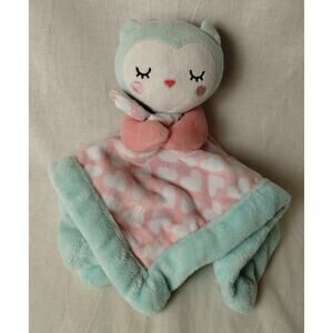 Falls Creek Baby OWL Soft Plush Lovey Rattle Blankie Pink Mint Aqua 12"x12"